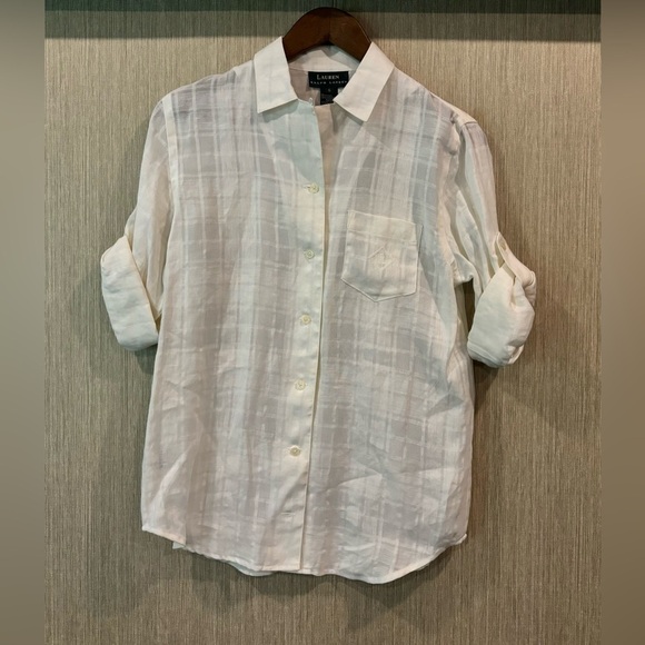 LAUREN Ralph Lauren Linen White Plaid Loose Oversized Fit Button Blouse Size S - Picture 2 of 10